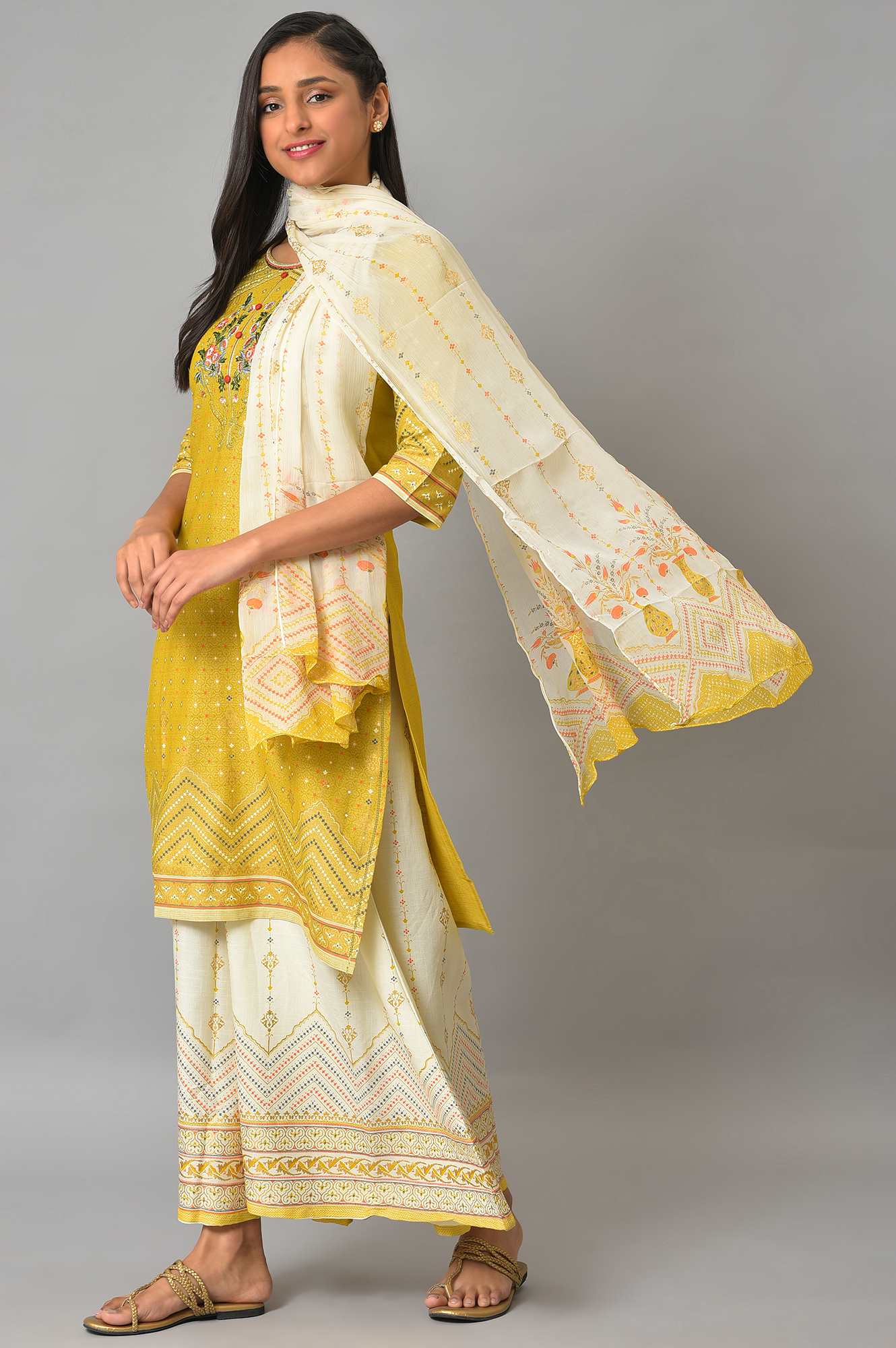 Aurelia Cream Gold kurta-Semi Flare Palazzo-Dupatta-