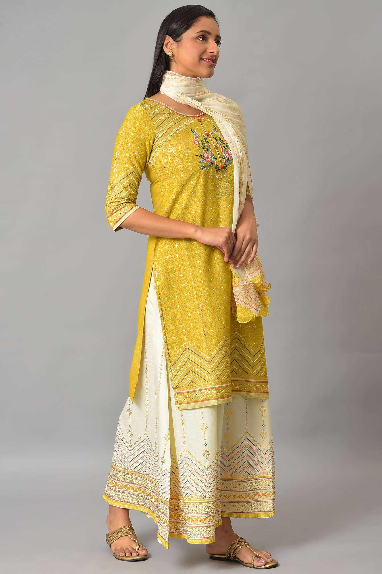 Aurelia Cream Gold kurta-Semi Flare Palazzo-Dupatta-