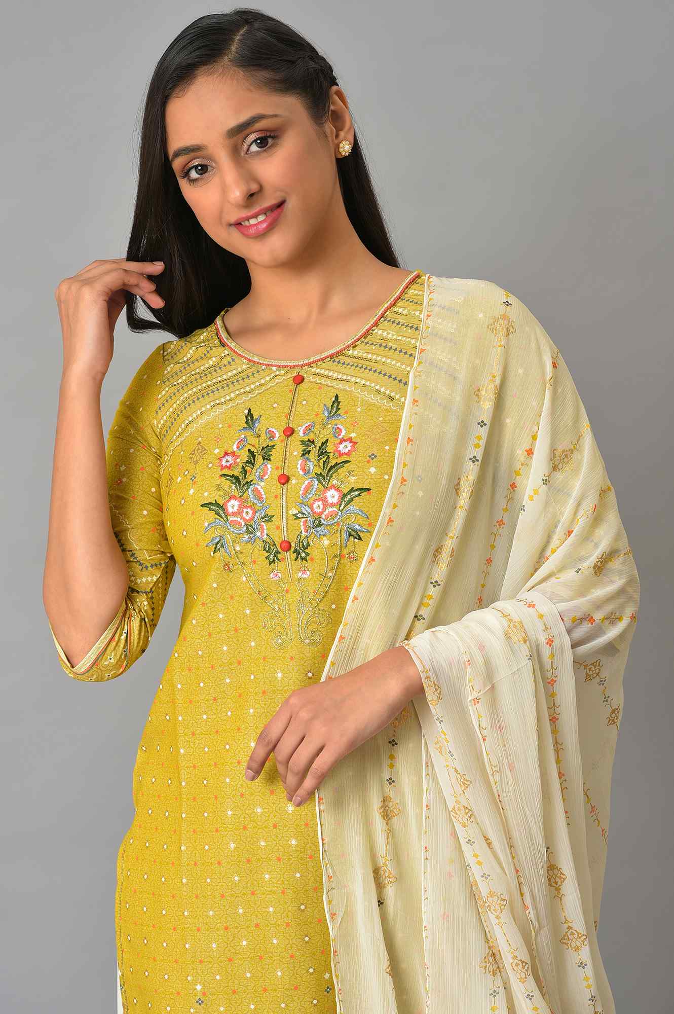 Aurelia Cream Gold kurta-Semi Flare Palazzo-Dupatta-