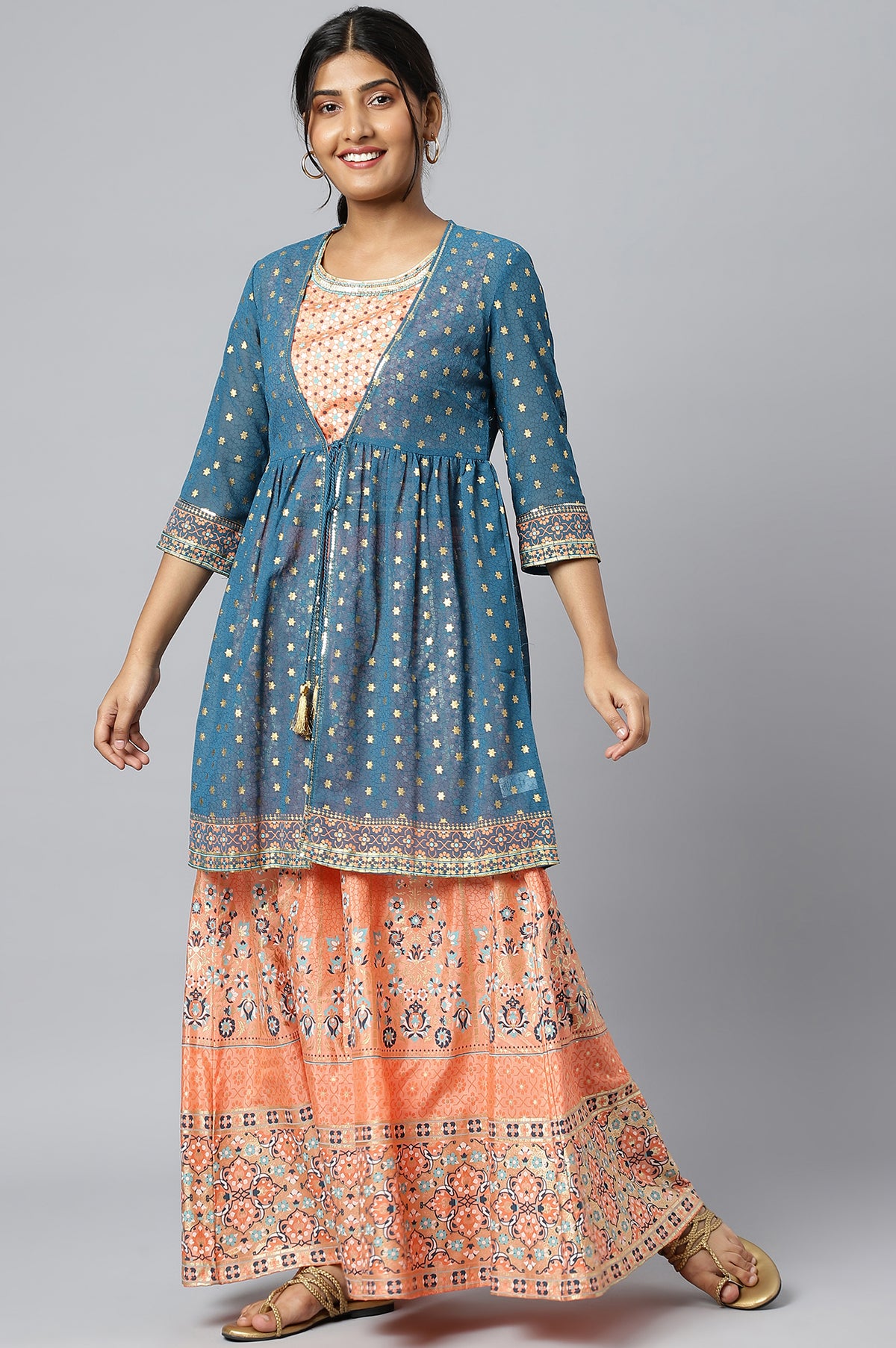Peach Crop Top with Blue Flared Gillet and Peach Palazzo - S