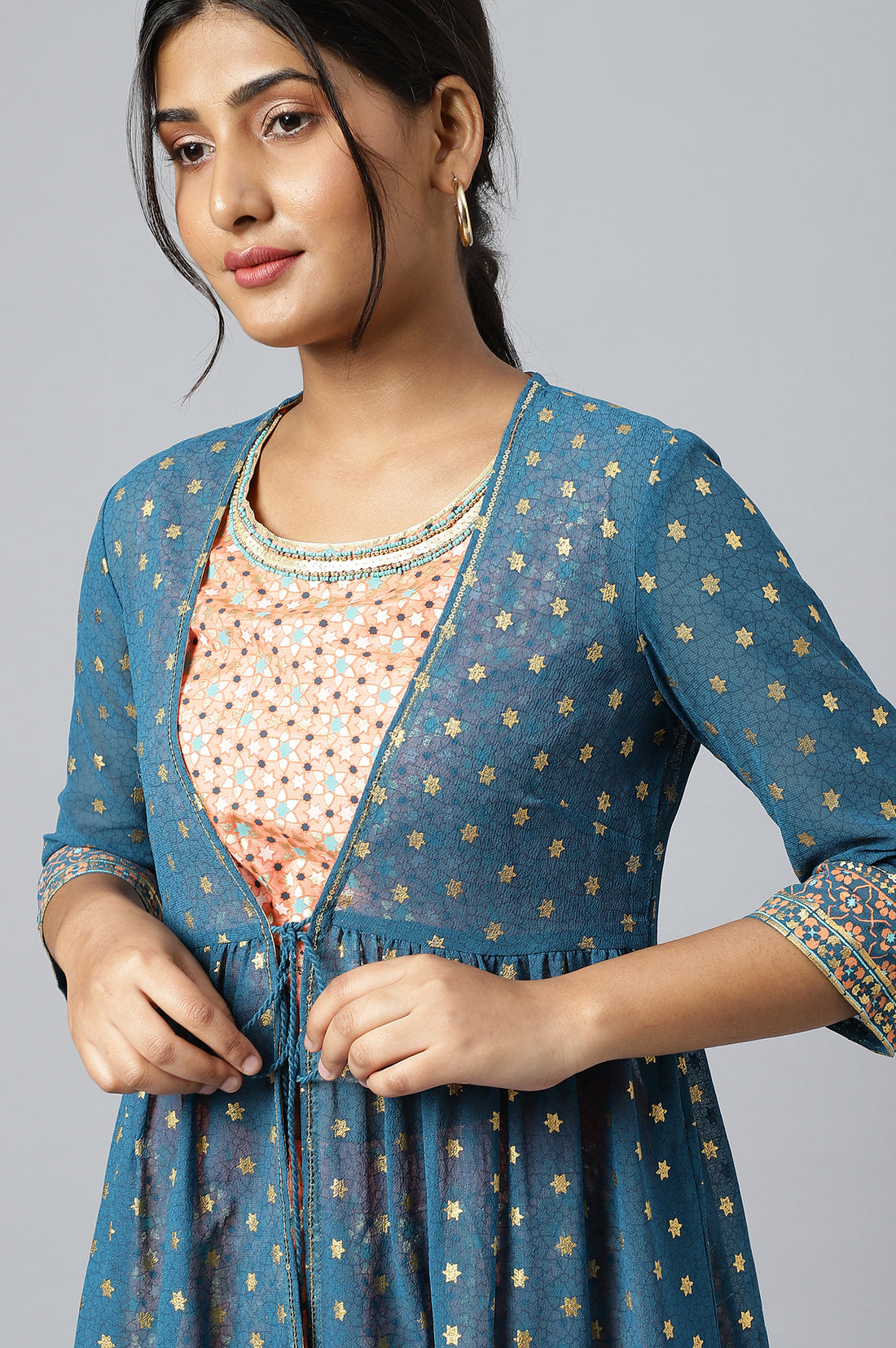 Peach Crop Top with Blue Flared Gillet and Peach Palazzo