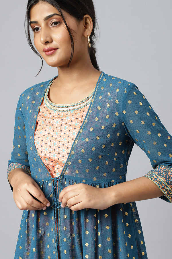 Peach Crop Top with Blue Flared Gillet and Peach Palazzo