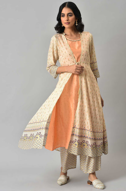 Beige Printed Front Open Gilet With Peach Inner Kurta And And Beige Straight Palazzo