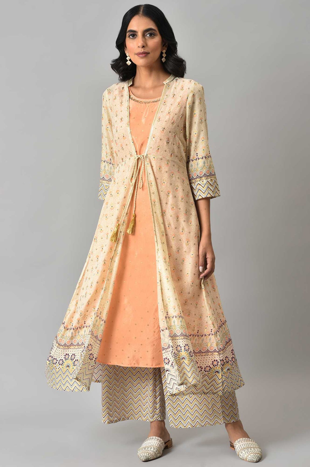 Beige Printed Front Open Gilet With Peach Inner Kurta And And Beige Straight Palazzo - S