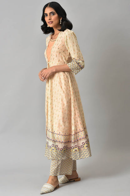 Beige Printed Front Open Gillet with Peach Inner kurta and and Beige Straight Palazzo