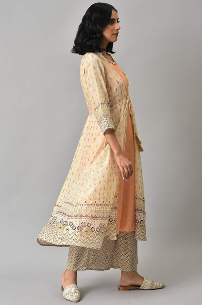 Beige Printed Front Open Gilet With Peach Inner Kurta And And Beige Straight Palazzo