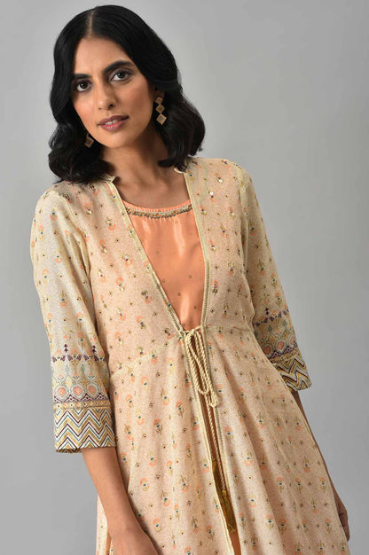 Beige Printed Front Open Gillet with Peach Inner kurta and and Beige Straight Palazzo