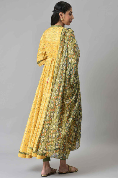 Yellow Floral Printed kurta with Green Tights and Dupatta