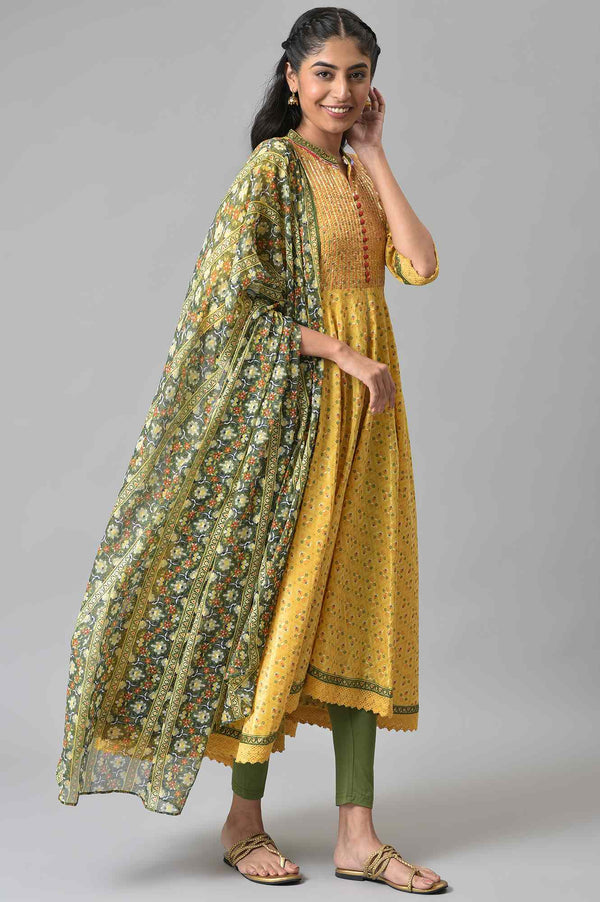 Yellow Floral Printed kurta with Green Tights and Dupatta