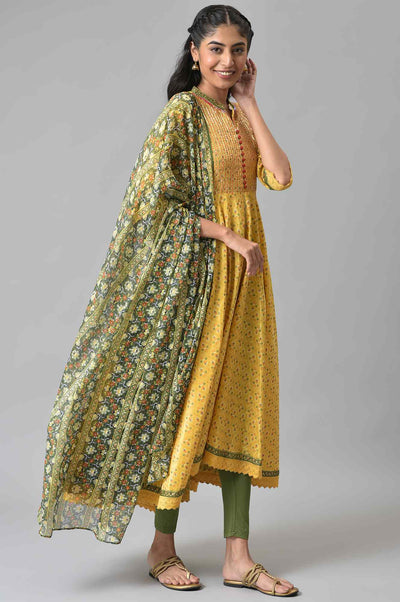 Yellow Floral Printed kurta with Green Tights and Dupatta