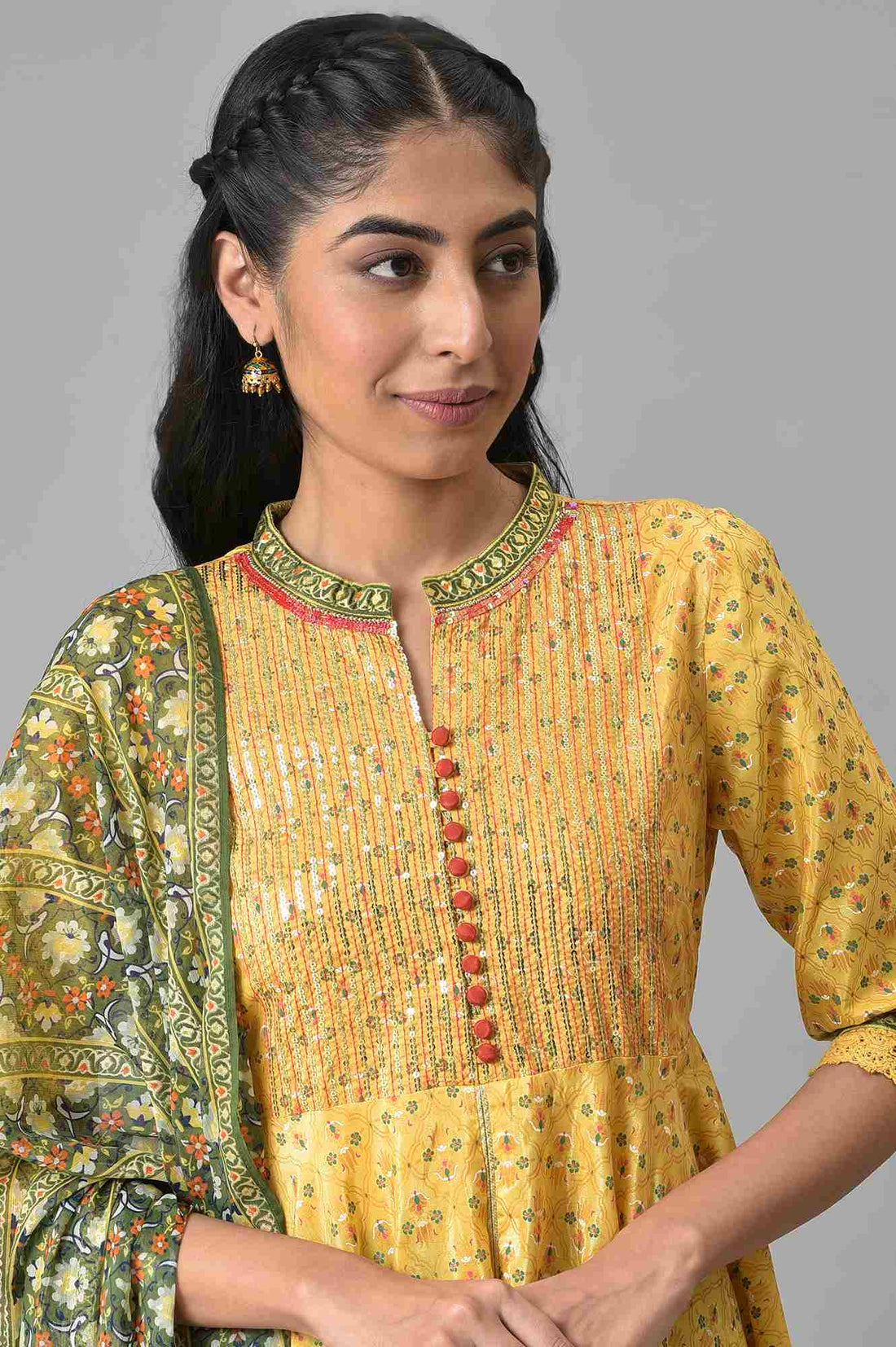 Yellow Floral Printed kurta with Green Tights and Dupatta