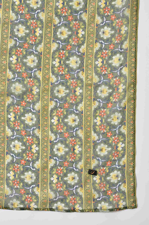 Yellow Floral Printed kurta with Green Tights and Dupatta