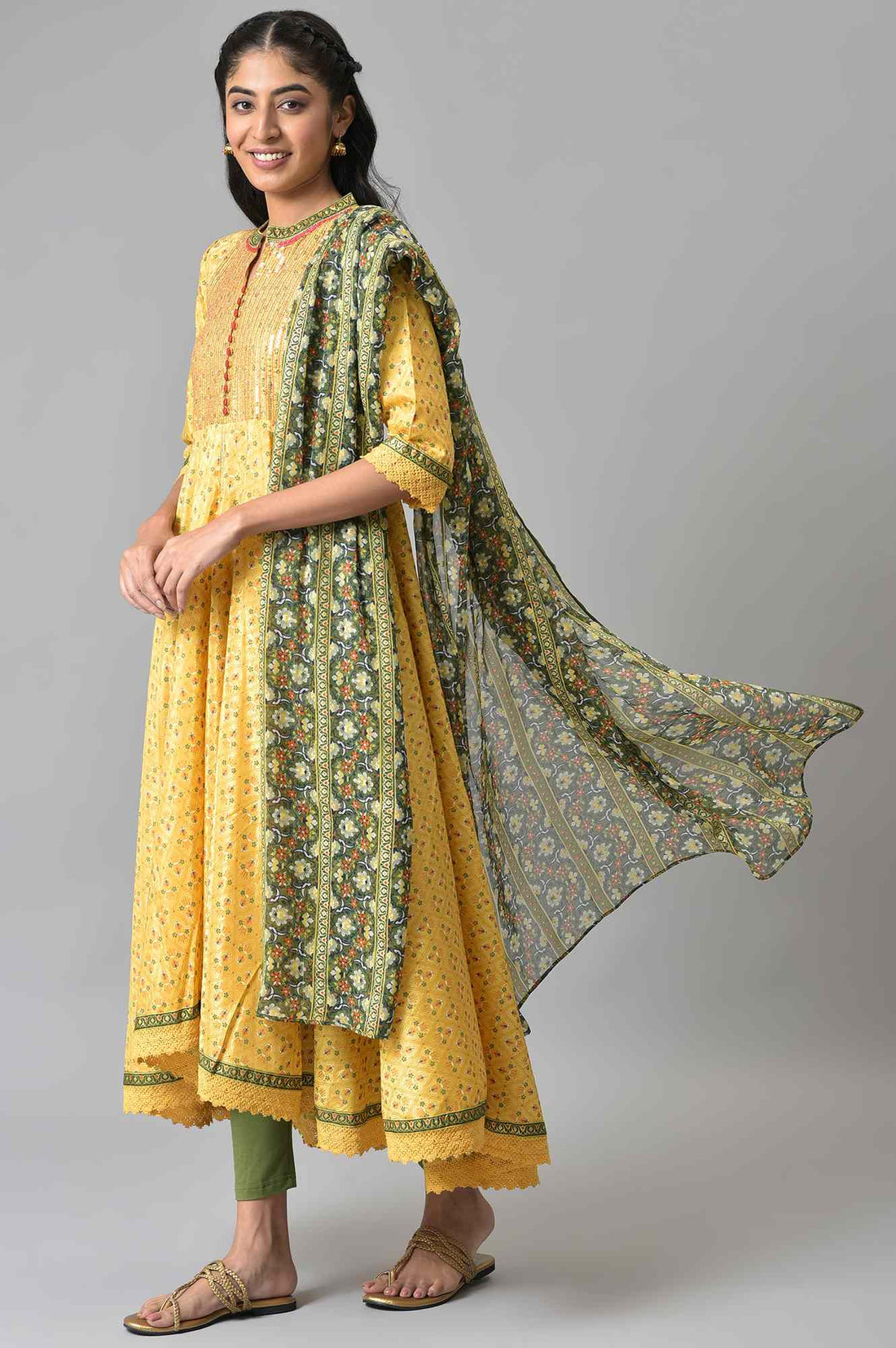 Yellow Floral Printed kurta with Green Tights and Dupatta