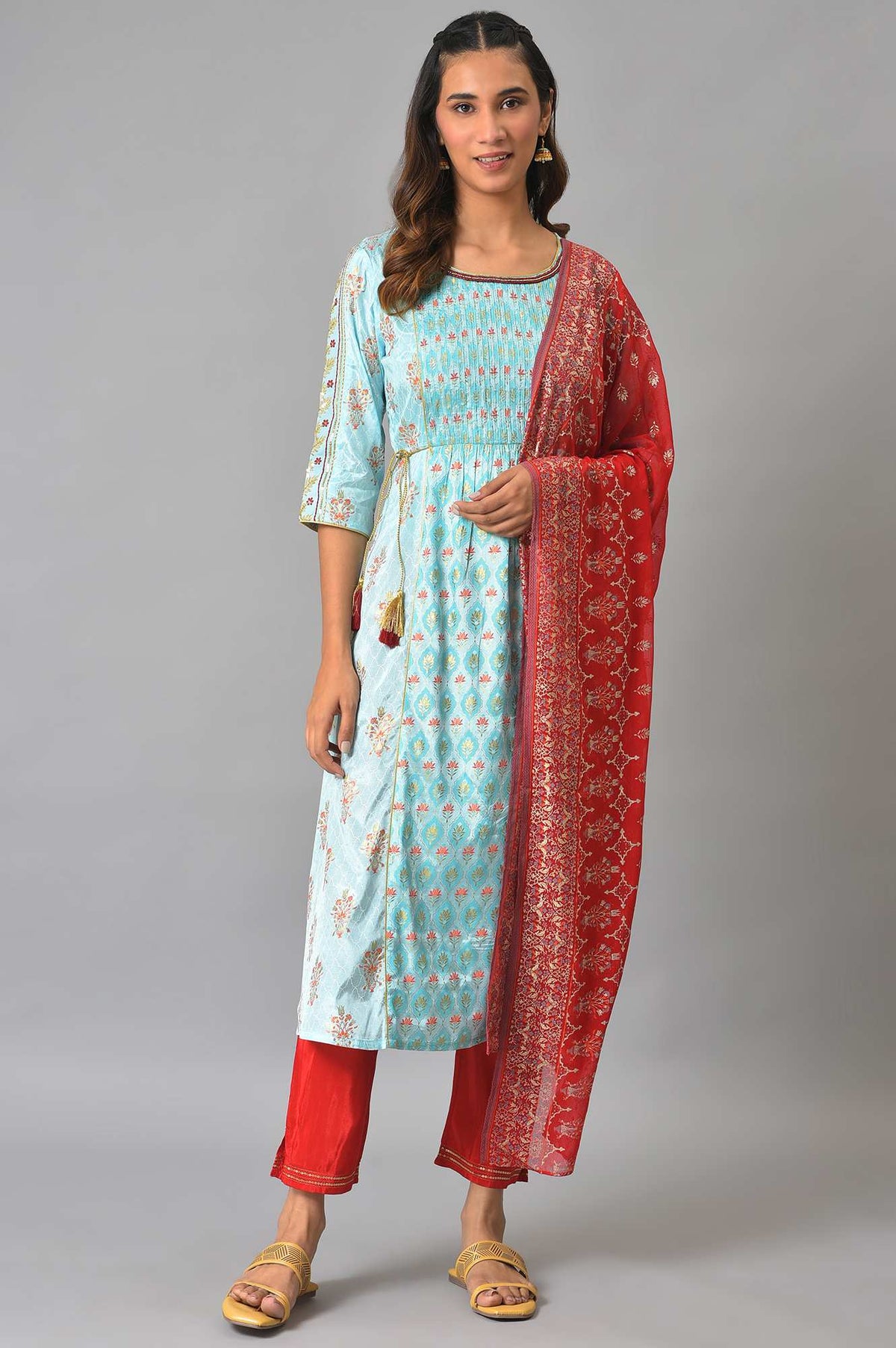 LIVA Blue A-line Embellished Kurta with Red Trousers and Dupatta - S