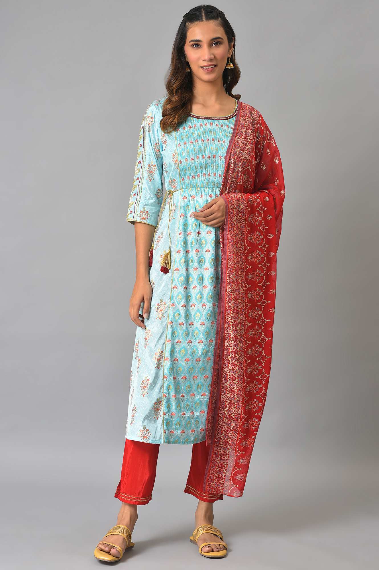 LIVA Blue A-line Embellished Kurta with Red Trousers and Dupatta