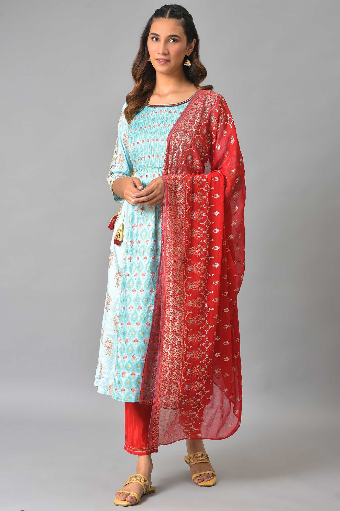 LIVA Blue A-line Embellished Kurta with Red Trousers and Dupatta