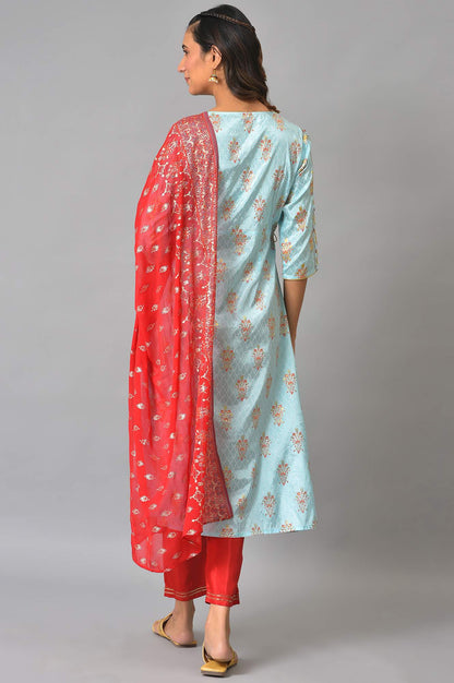 LIVA Blue A-line Embellished Kurta with Red Trousers and Dupatta