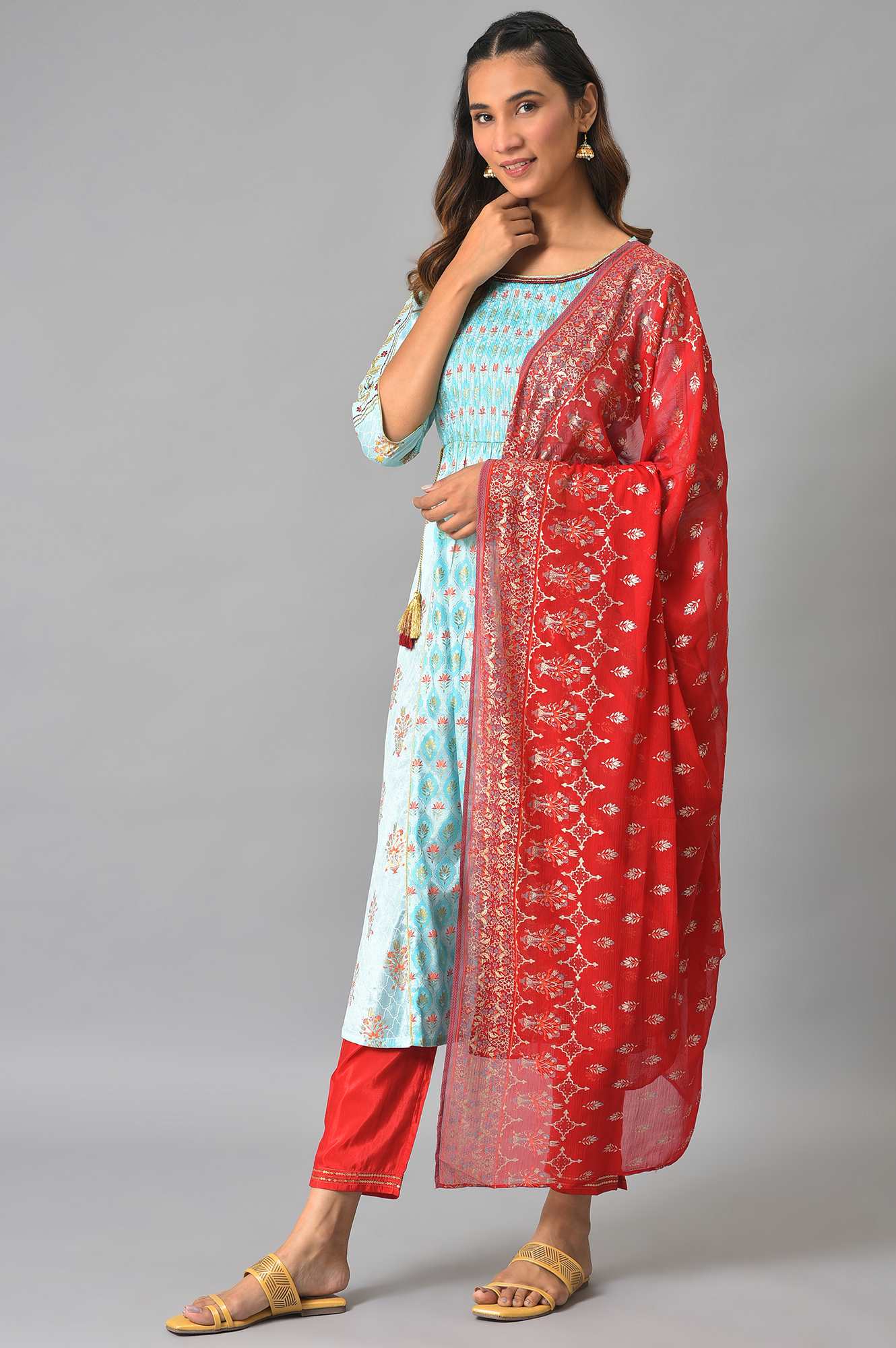 LIVA Blue A-line Embellished Kurta with Red Trousers and Dupatta