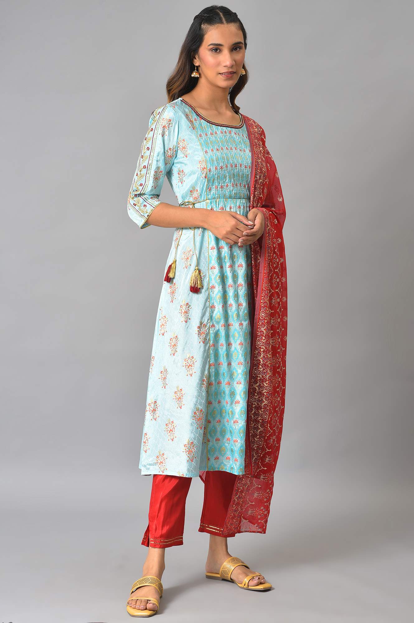 LIVA Blue A-line Embellished Kurta with Red Trousers and Dupatta