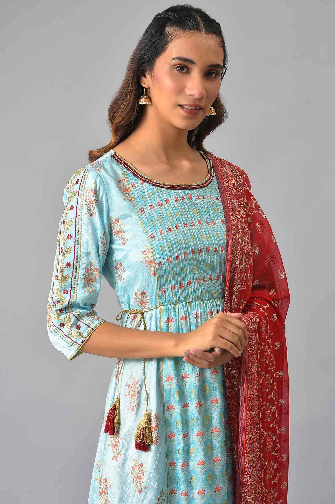 LIVA Blue A-line Embellished Kurta with Red Trousers and Dupatta