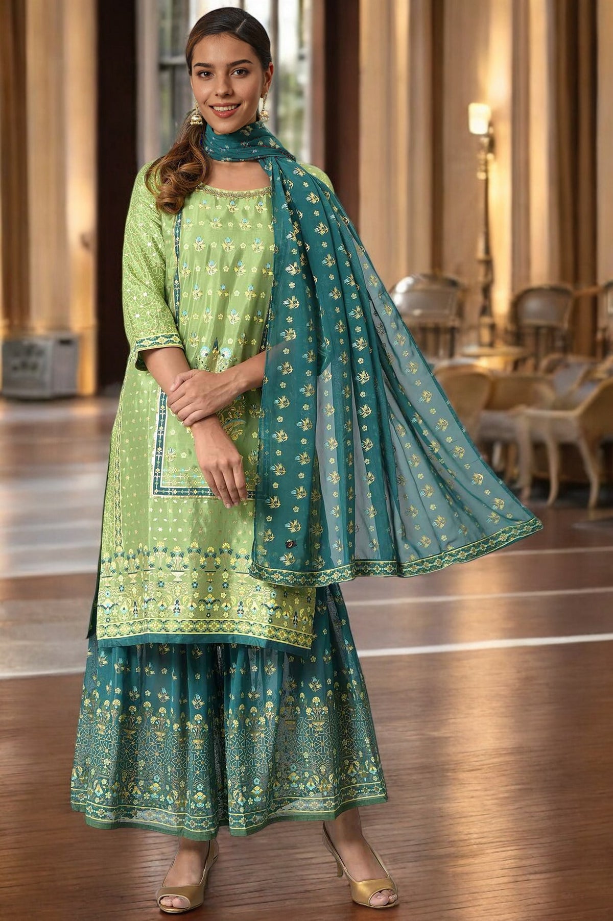 LIVA Green Foil Printed kurta with Sharara and Dupatta - S