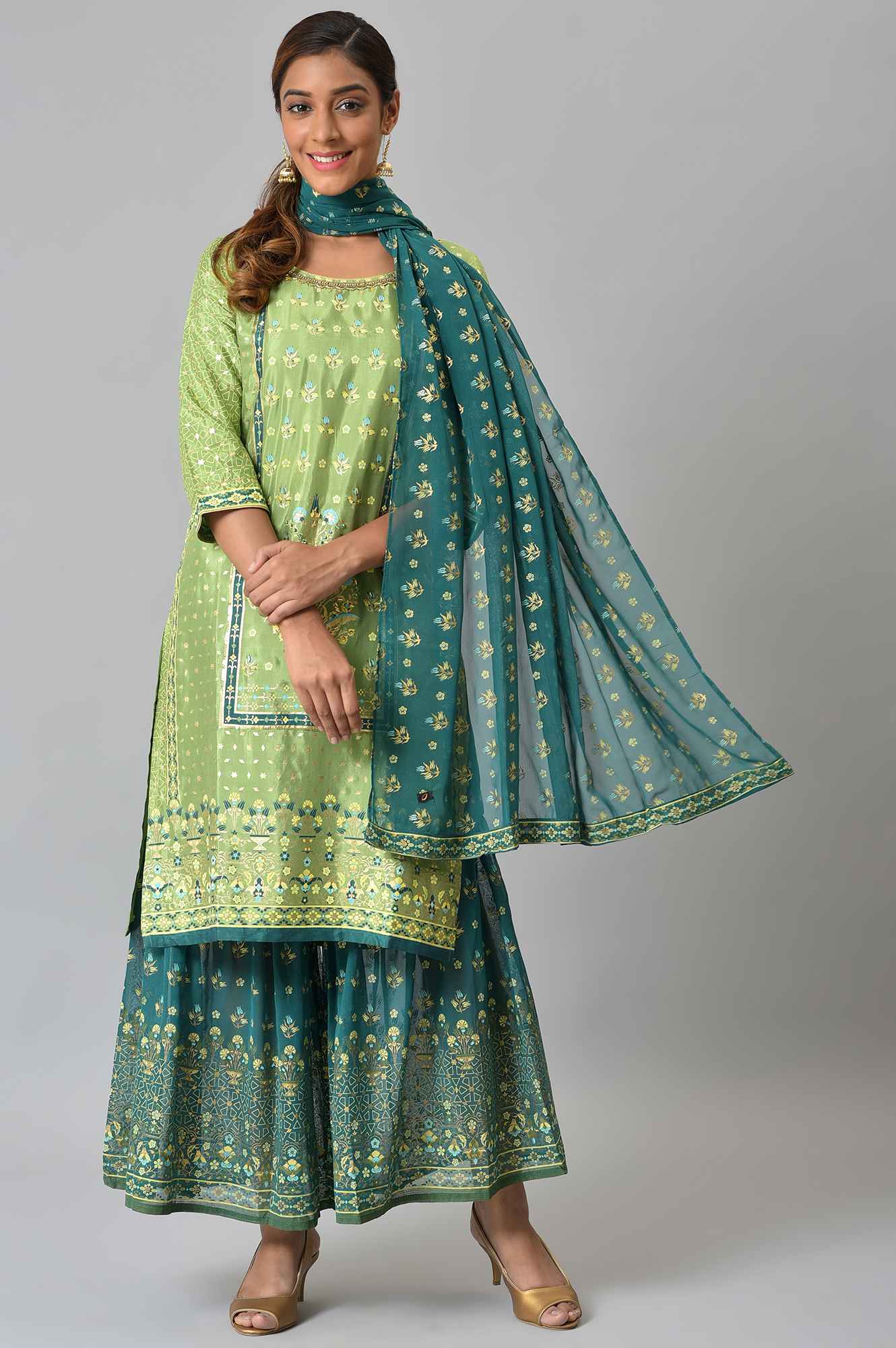 LIVA Green Foil Printed kurta with Sharara and Dupatta