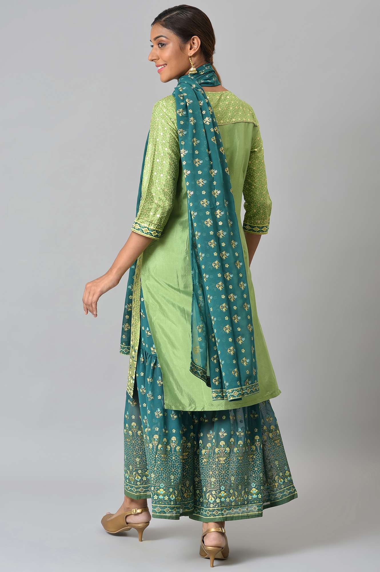 LIVA Green Foil Printed kurta with Sharara and Dupatta