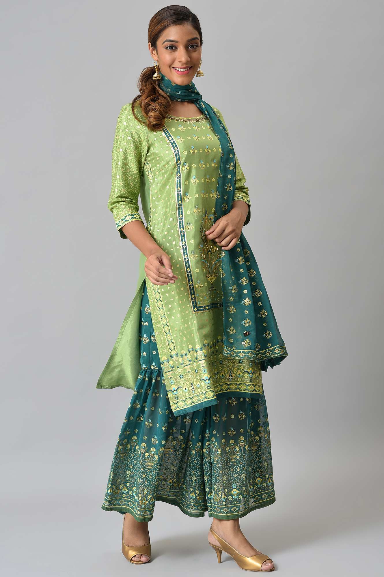 LIVA Green Foil Printed kurta with Sharara and Dupatta