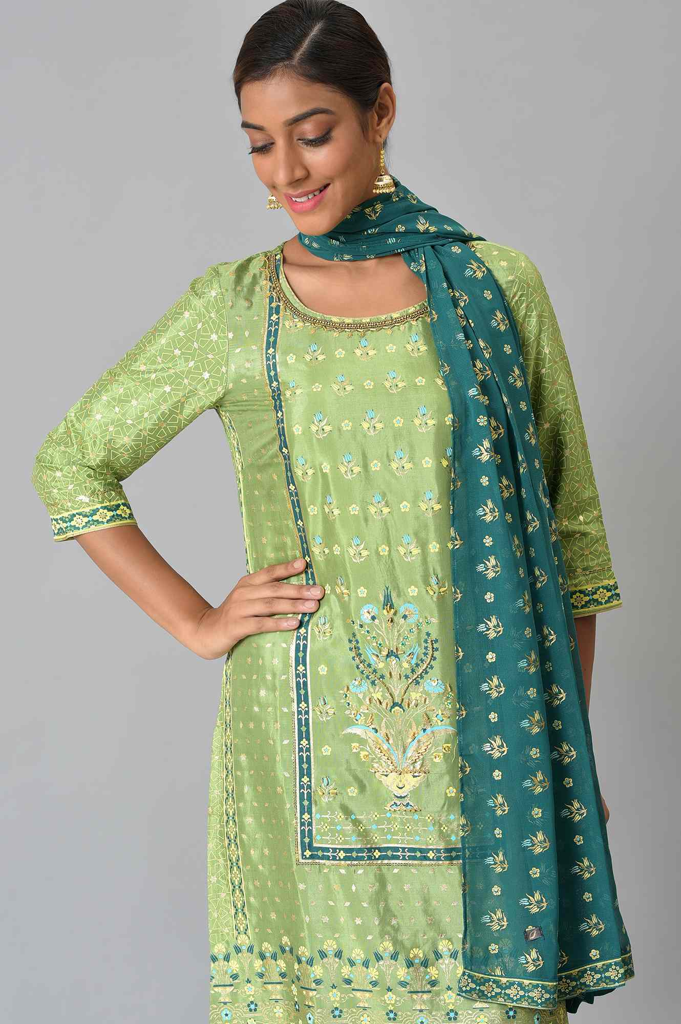 Liva Green Foil Printed Kurta With Sharara And Dupatta