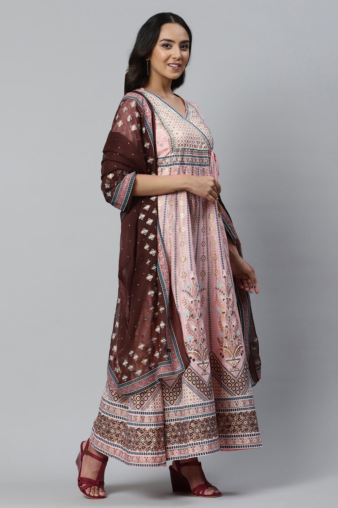 Pink Floral Printed kurta with Tights and Dupatta