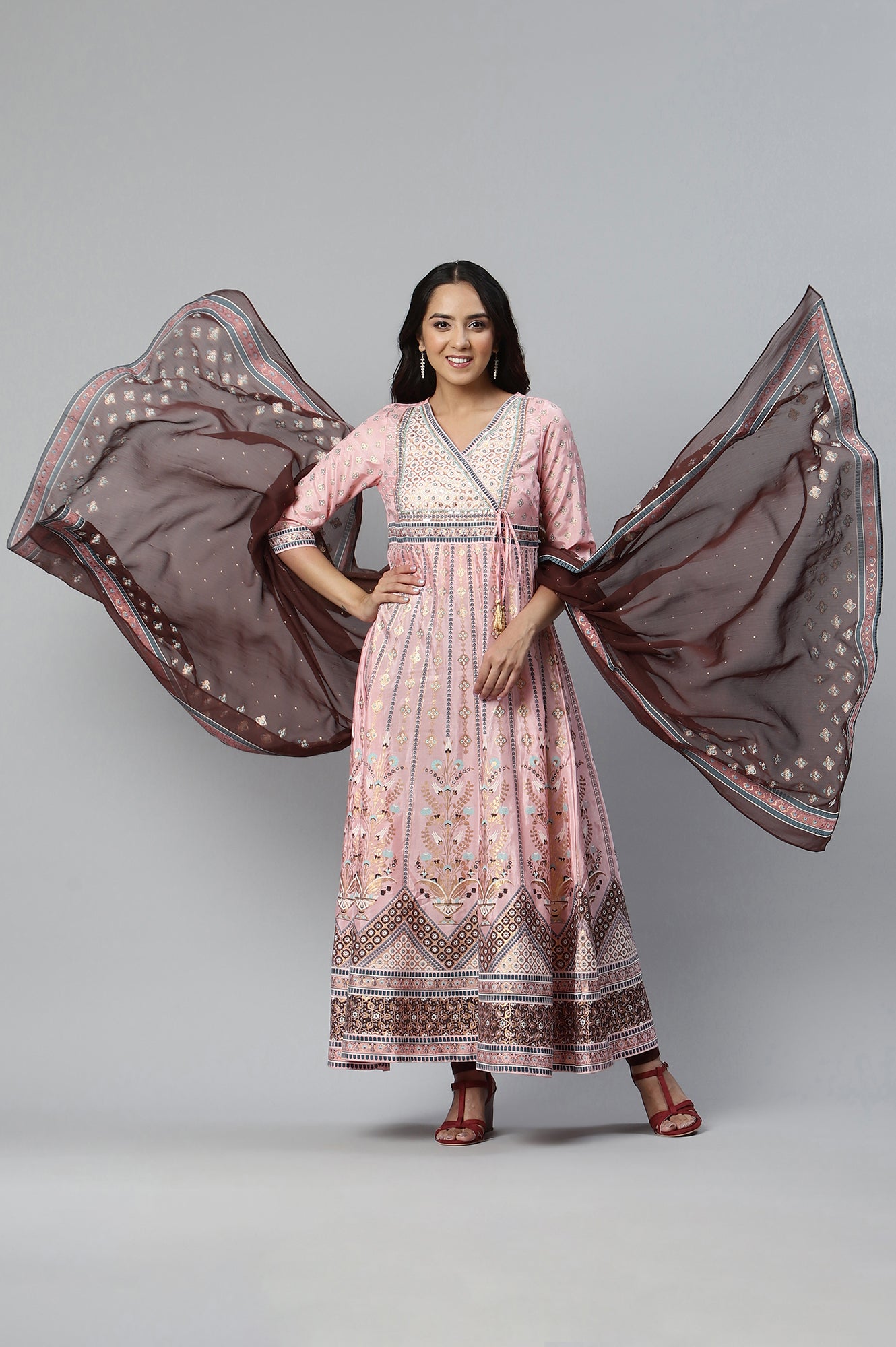 Pink Floral Printed kurta with Tights and Dupatta