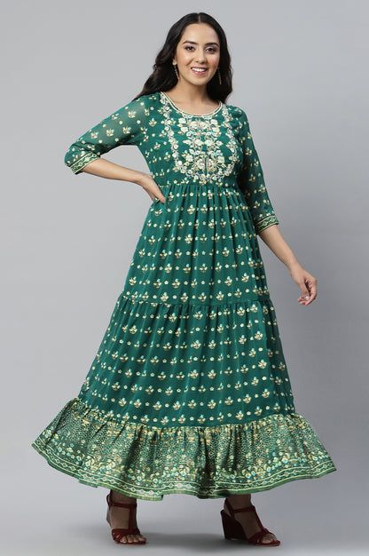 Green Printed Flared Dress with Zari Embroidery