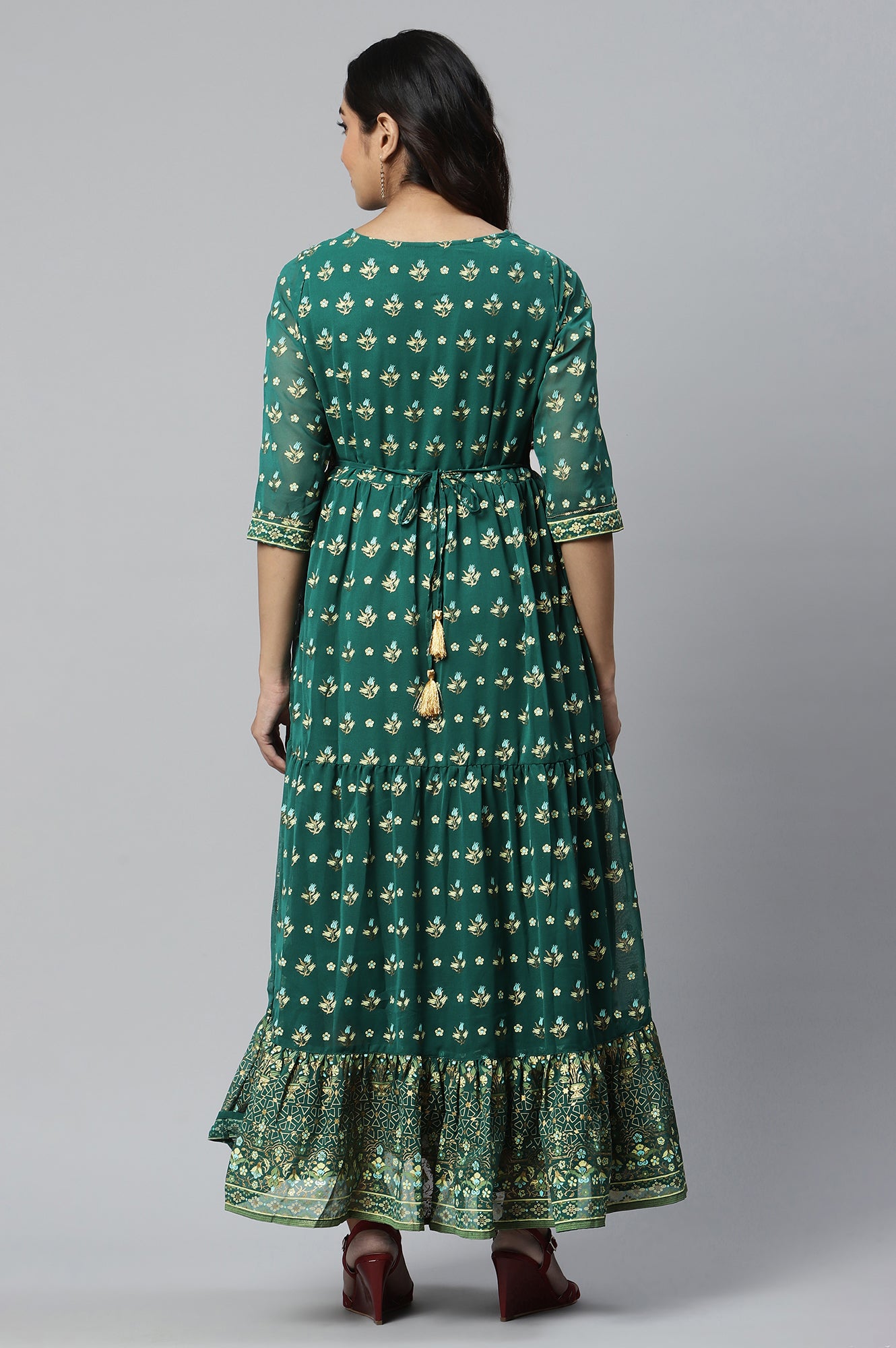 Green Printed Flared Dress with Zari Embroidery