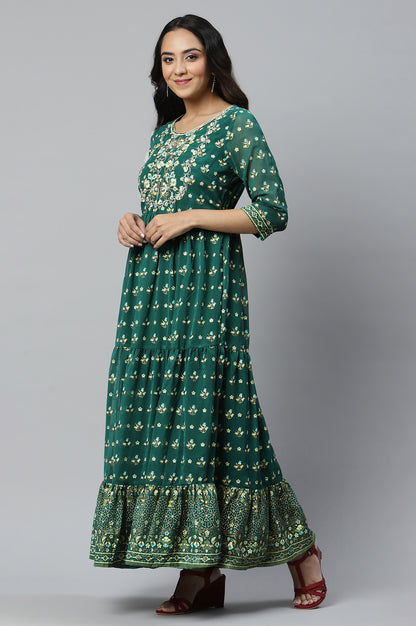 Green Printed Flared Dress with Zari Embroidery