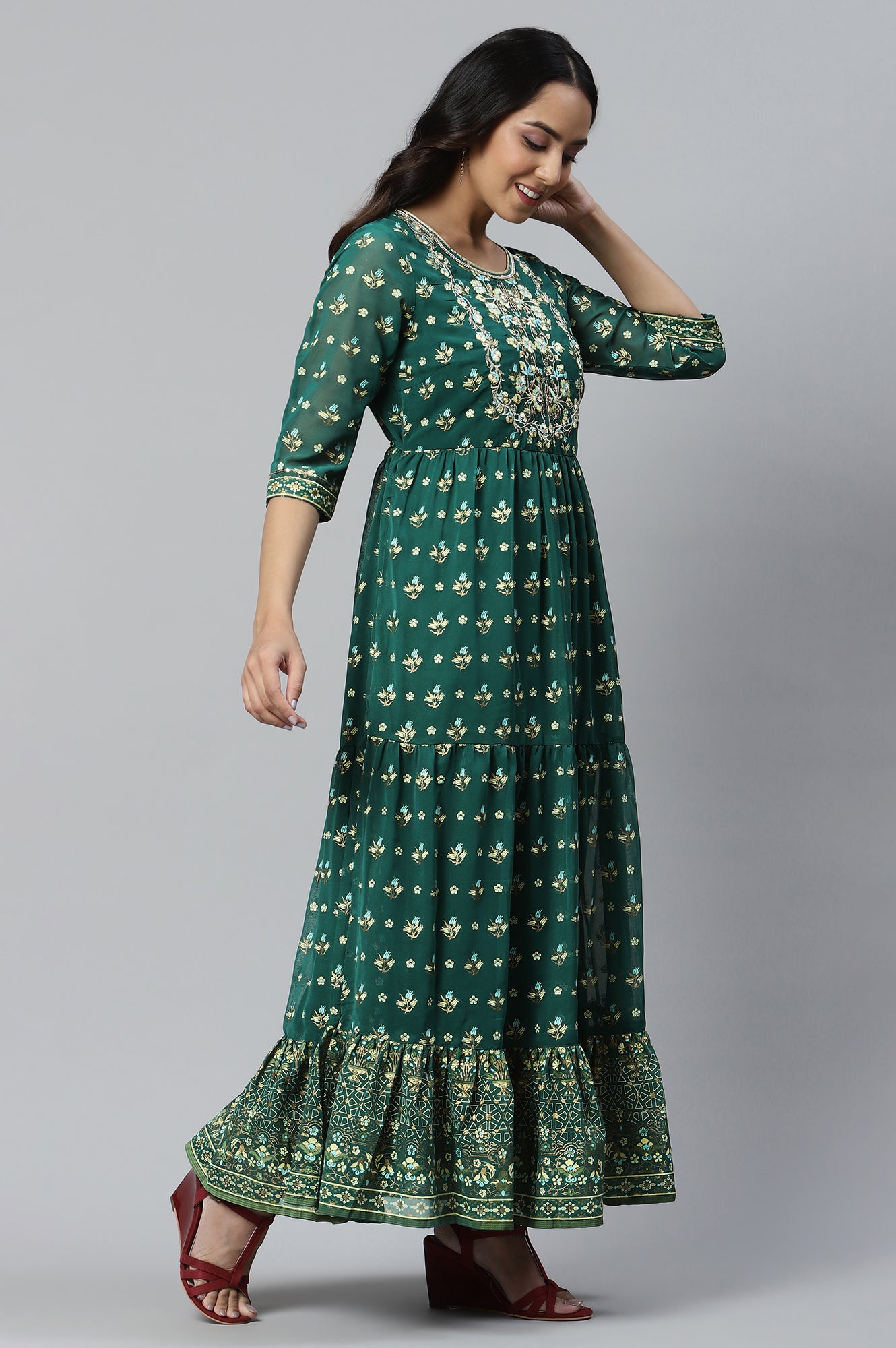 Green Printed Flared Dress with Zari Embroidery