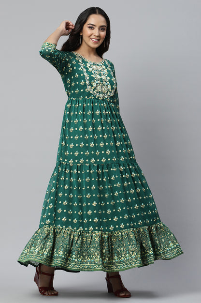 Green Printed Flared Dress with Zari Embroidery