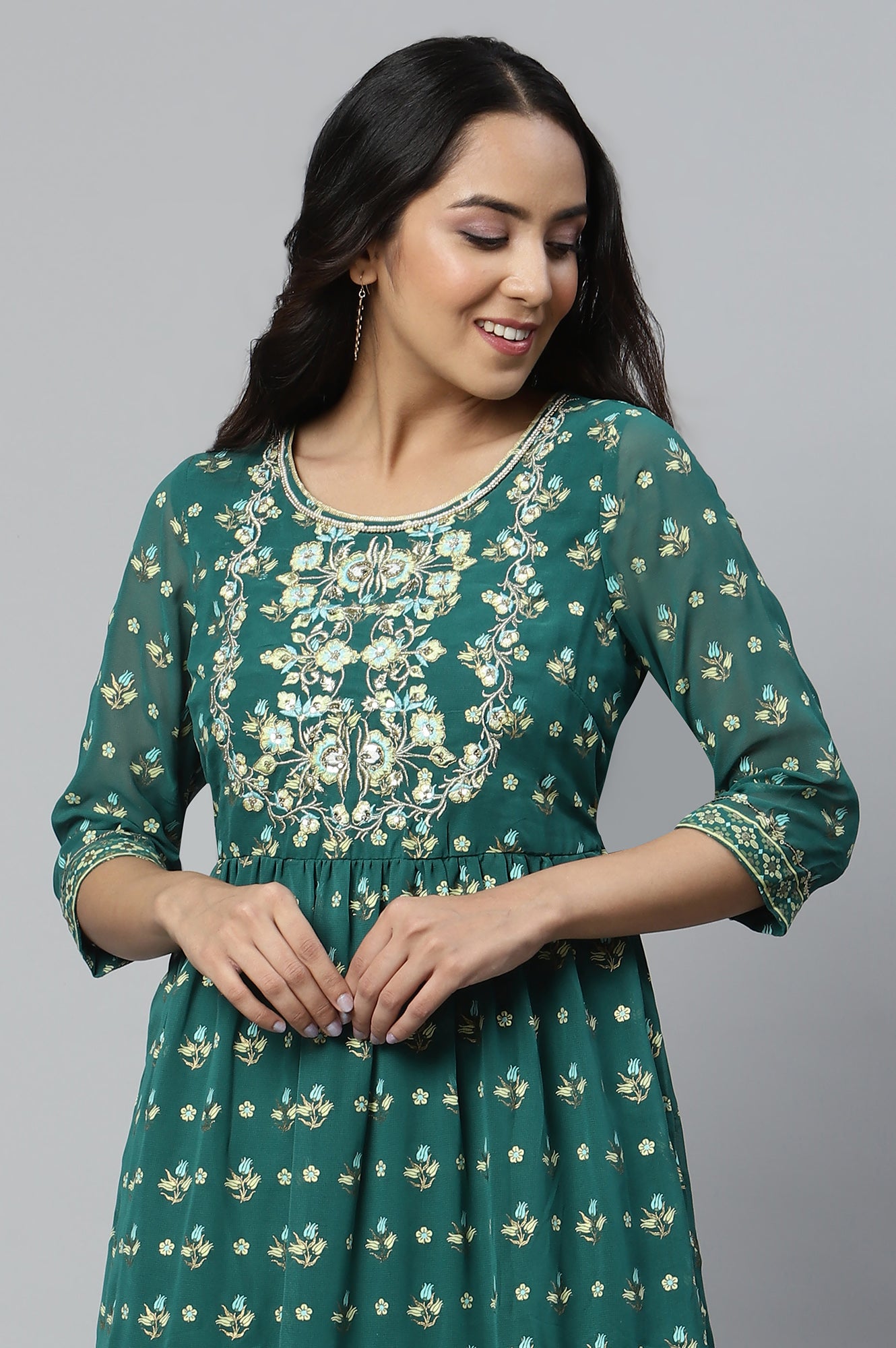 Green Printed Flared Dress with Zari Embroidery