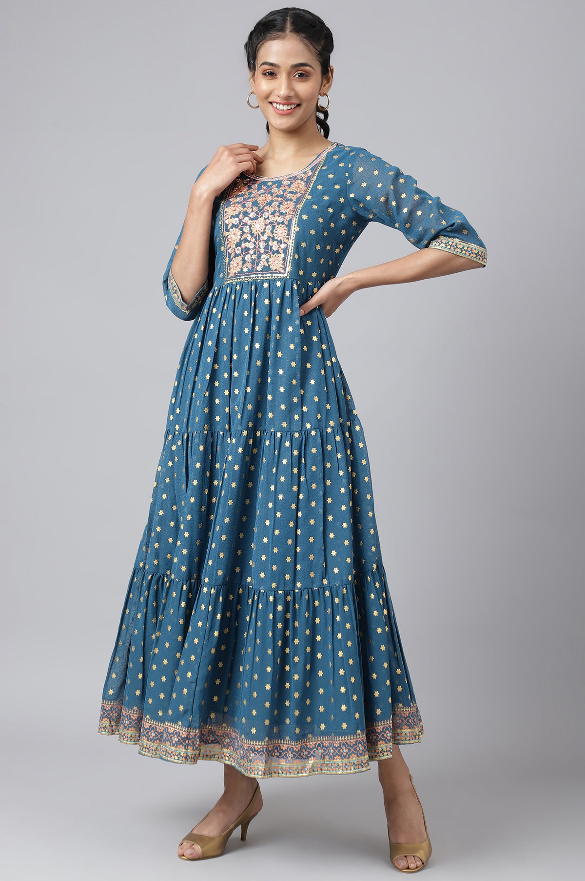 Blue Full Length Tiered Dress Embellished with Sequins - S