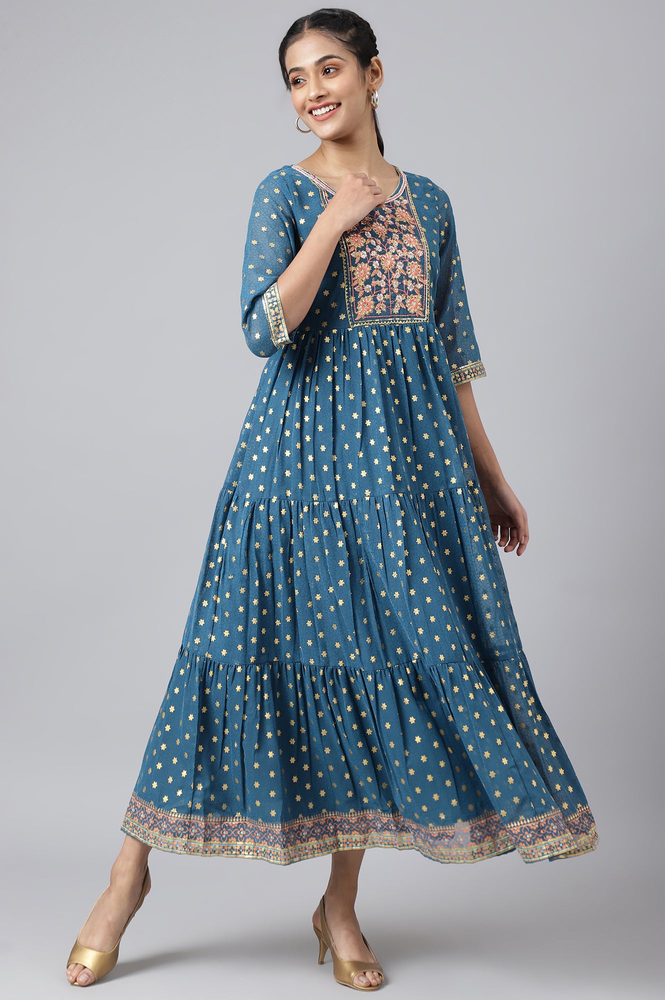 Blue Full Length Tiered Dress Embellished with Sequins