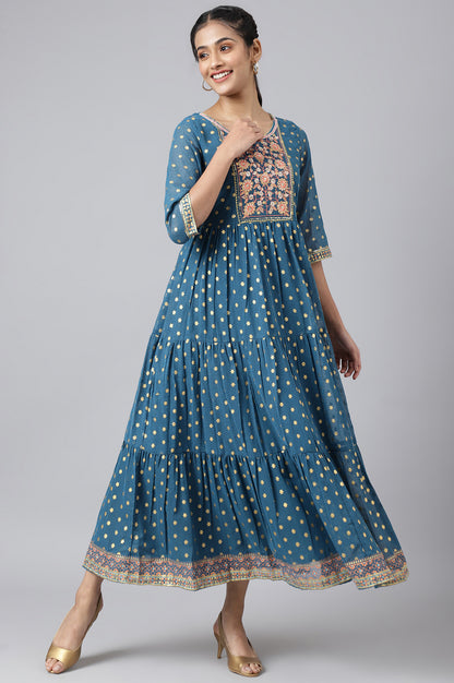 Blue Full Length Tiered Dress Embellished with Sequins