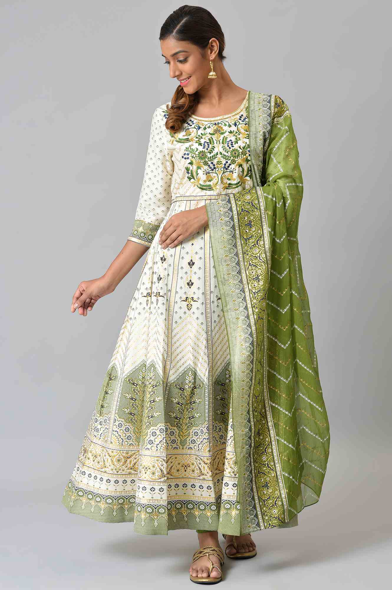 LIVA White Floral Printed Flared kurta with Green Tights and Dupatta