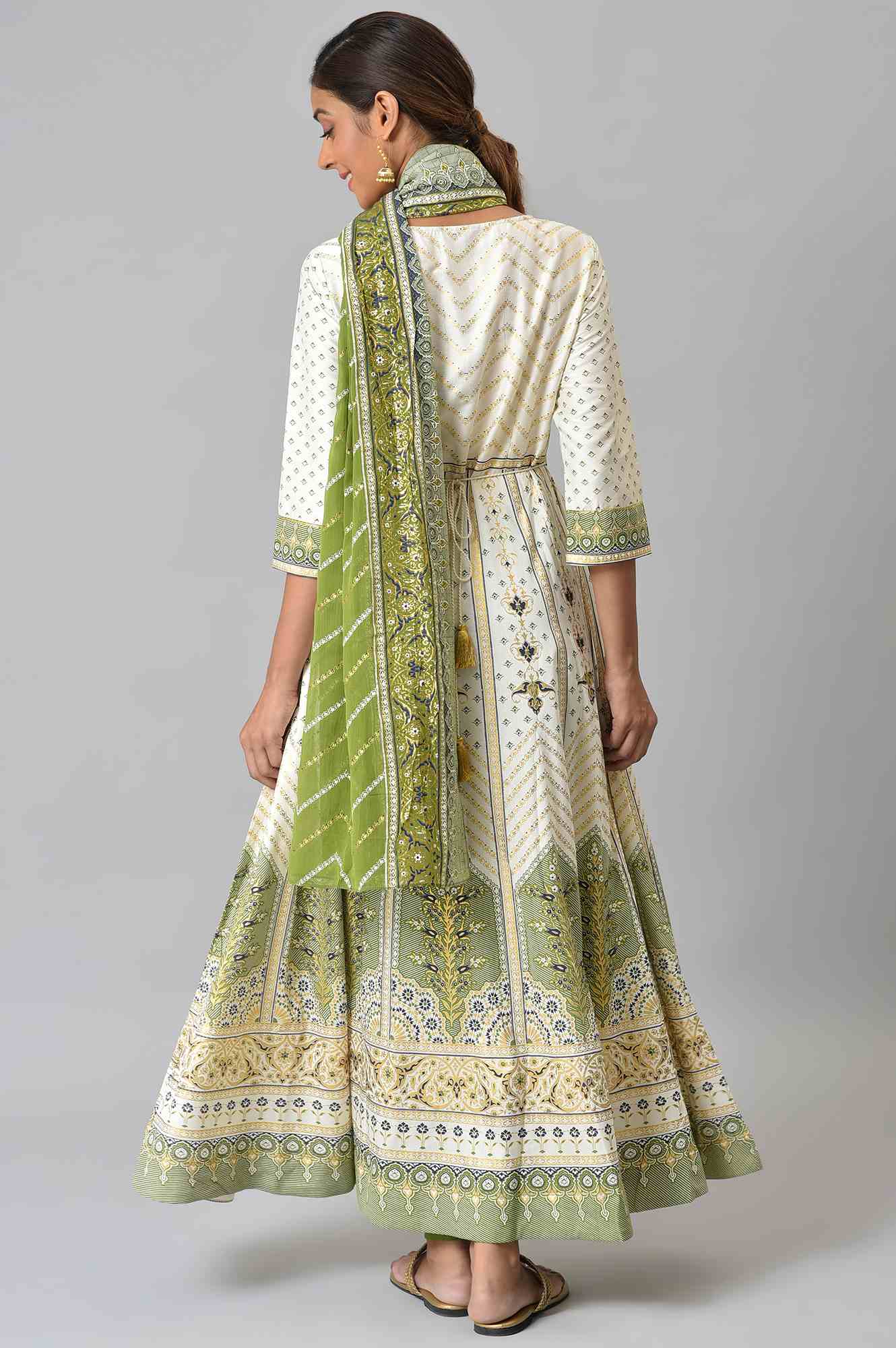 LIVA White Floral Printed Flared kurta with Green Tights and Dupatta