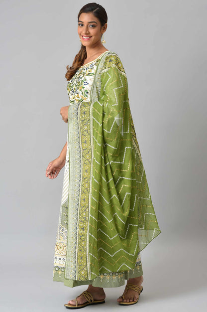 LIVA White Floral Printed Flared kurta with Green Tights and Dupatta