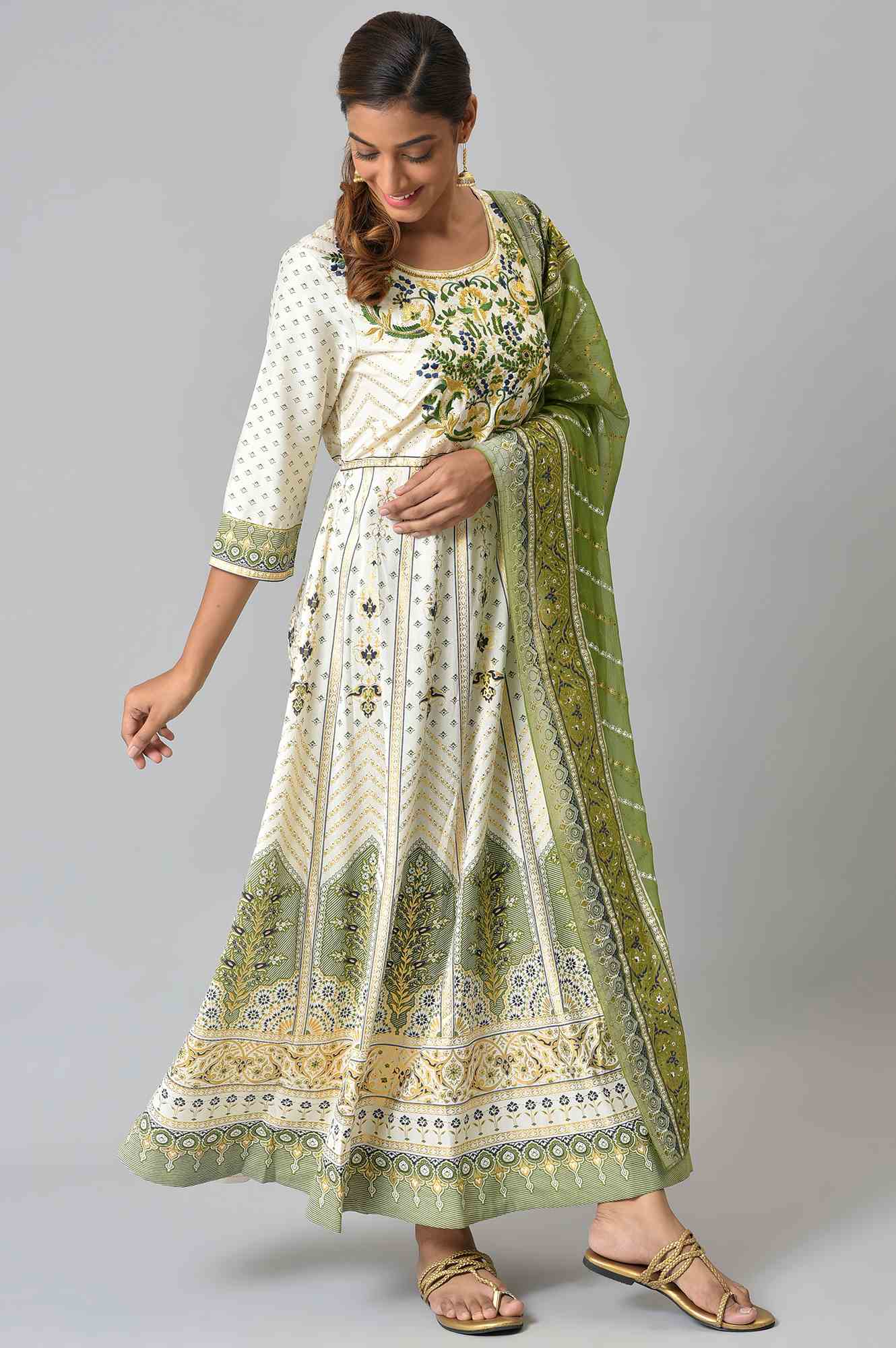 LIVA White Floral Printed Flared kurta with Green Tights and Dupatta