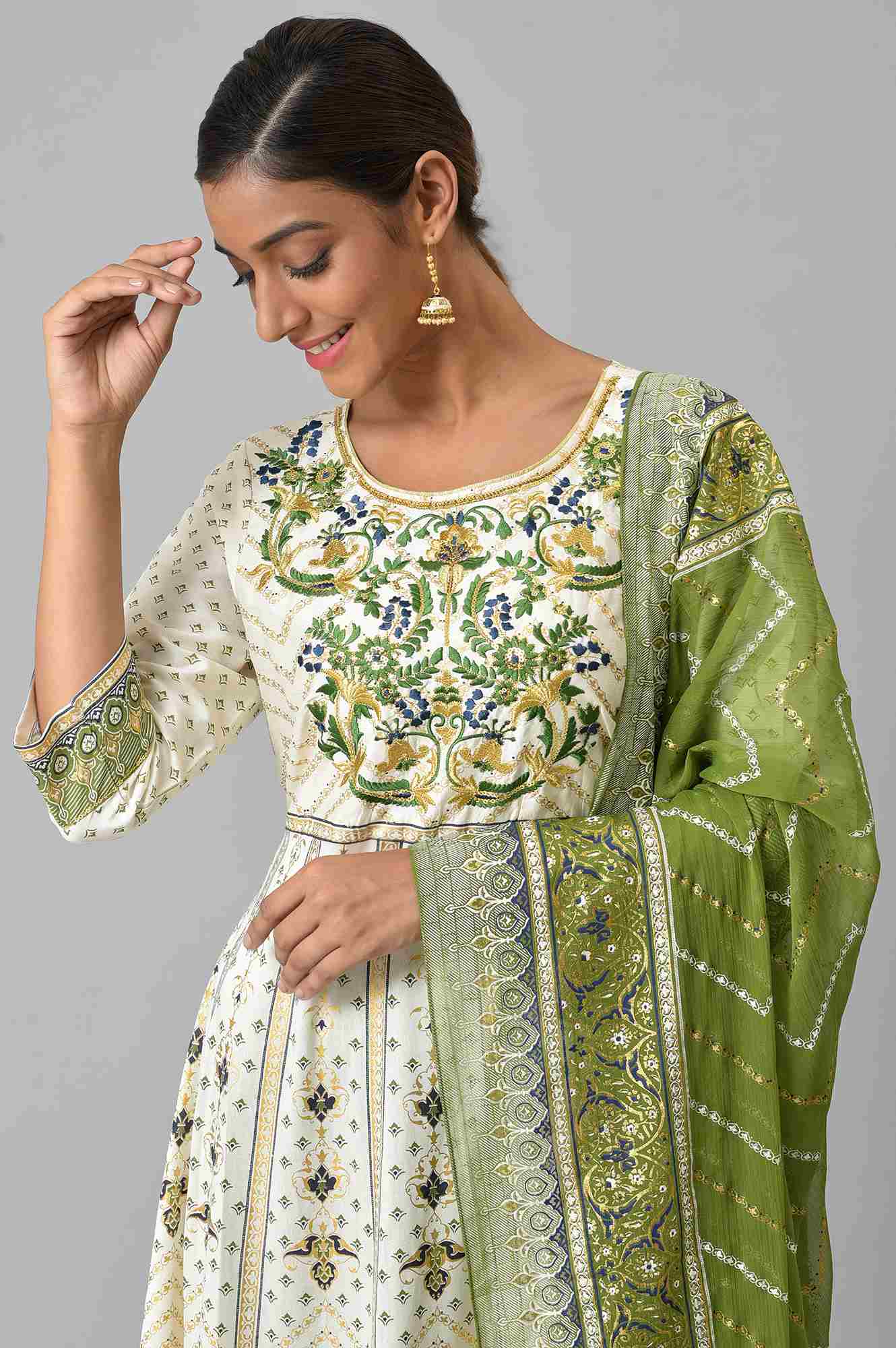 LIVA White Floral Printed Flared kurta with Green Tights and Dupatta