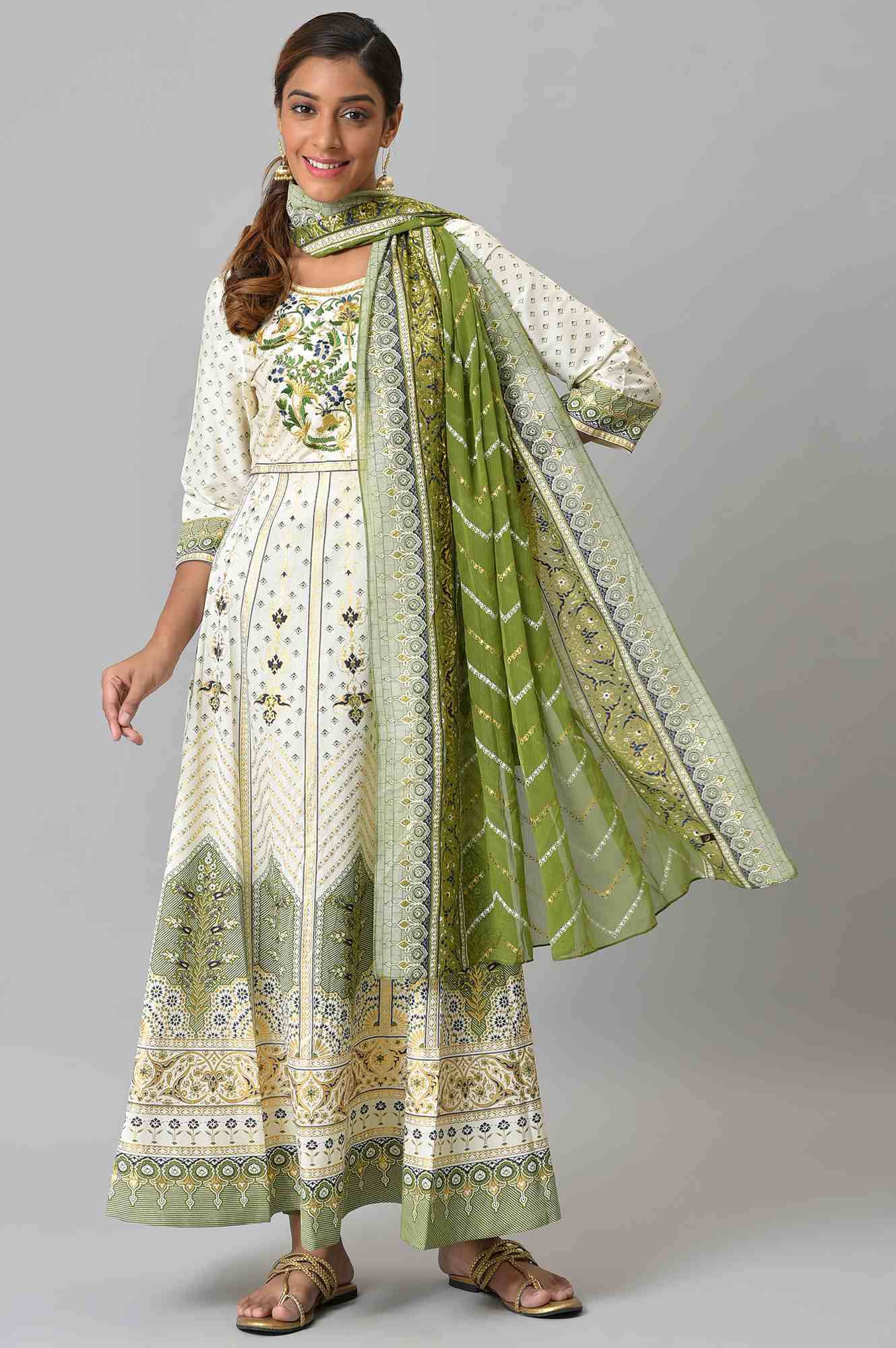 LIVA White Floral Printed Flared kurta with Green Tights and Dupatta