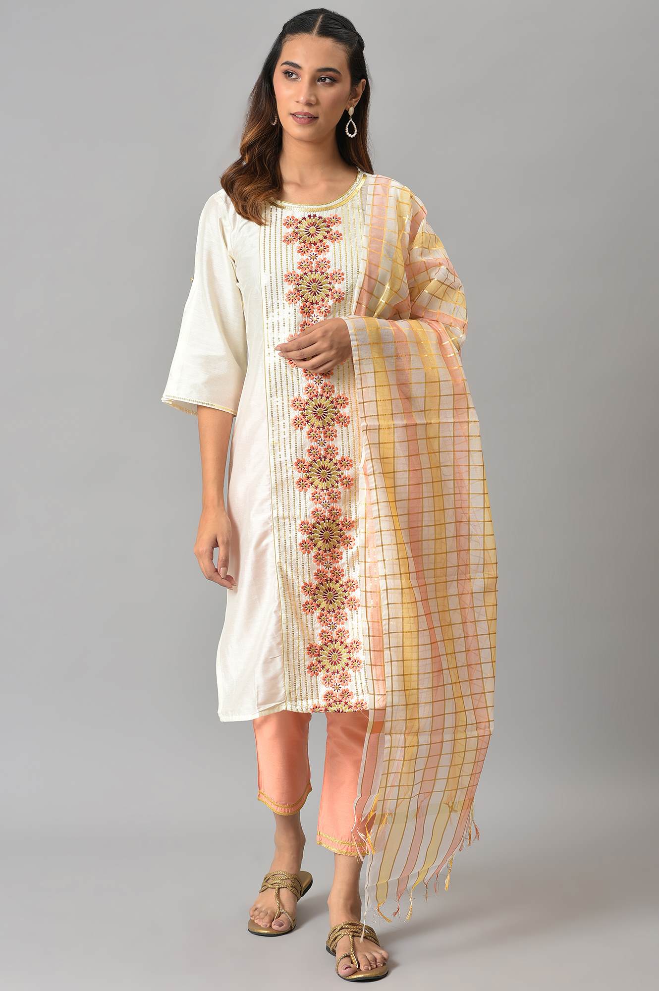 LIVA White Embroidered kurta with Peach Trousers and Banaras Dupatta