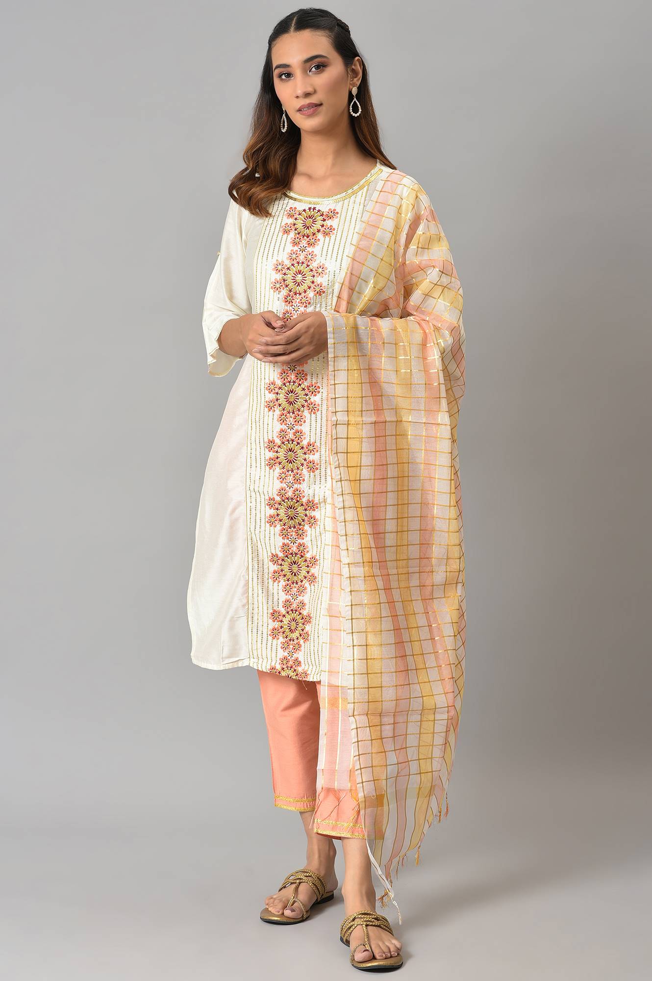 LIVA White Embroidered kurta with Peach Trousers and Banaras Dupatta