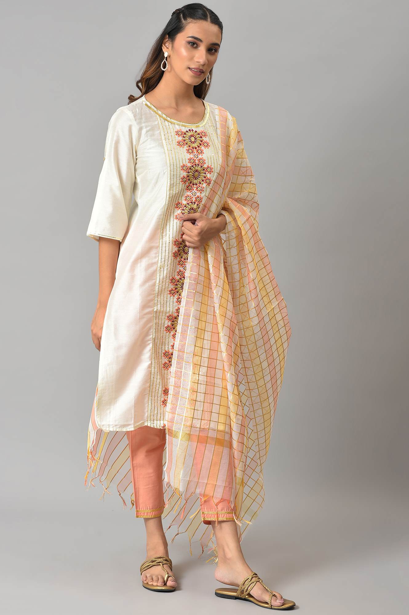 LIVA White Embroidered kurta with Peach Trousers and Banaras Dupatta