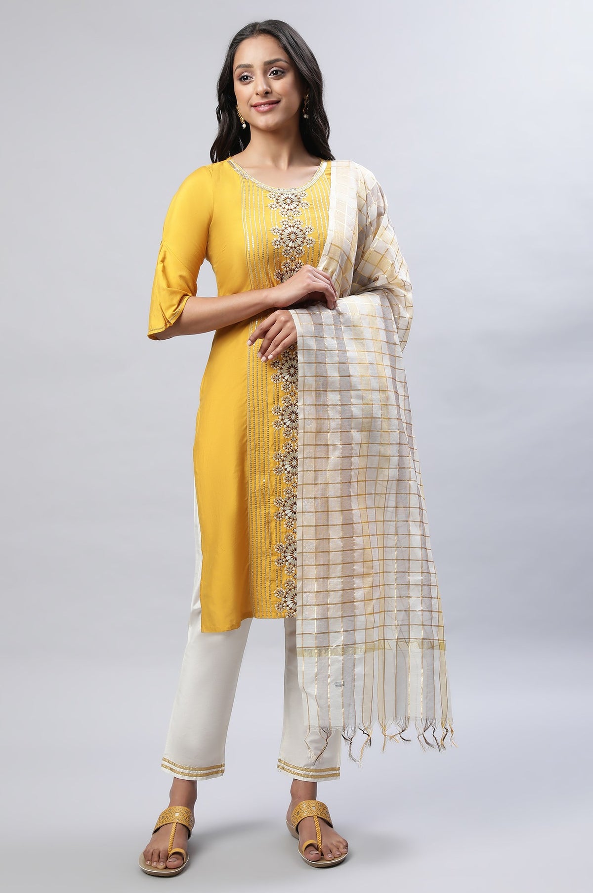Mustard Liva Embroidered Kurta With Trousers And Banarasi Dupatta - S